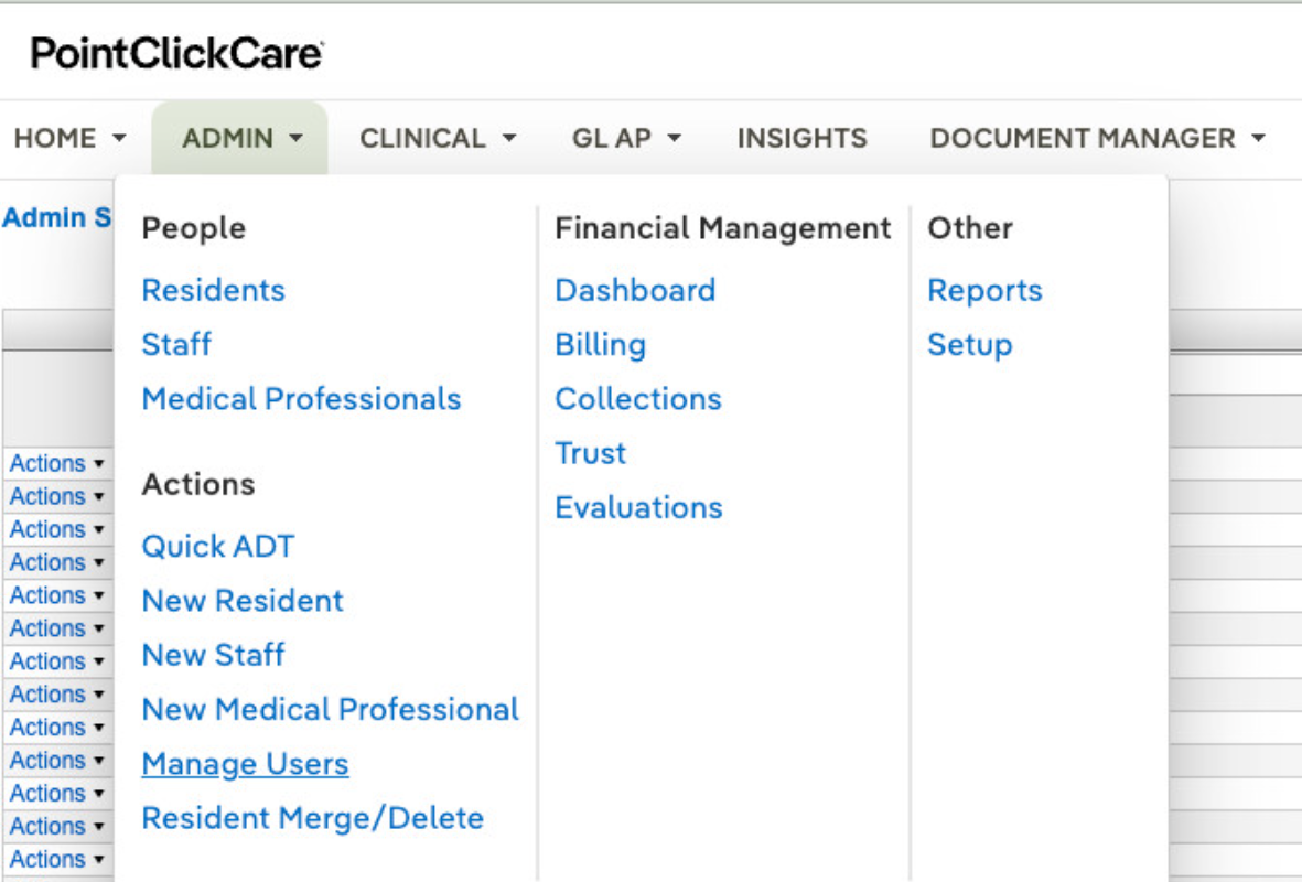 Admin menu with Manage Users