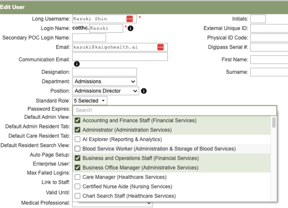 Standard Role dropdown with the four roles ticked